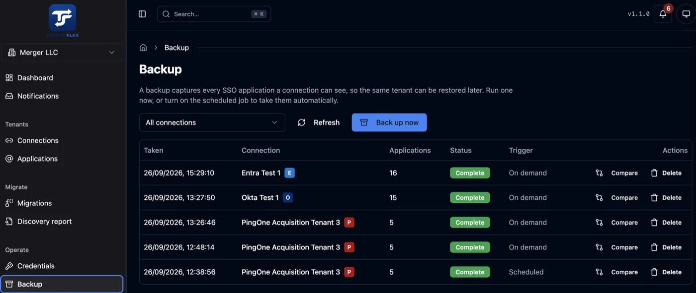 TenantFlex backup screen listing captures per connection with their status and trigger