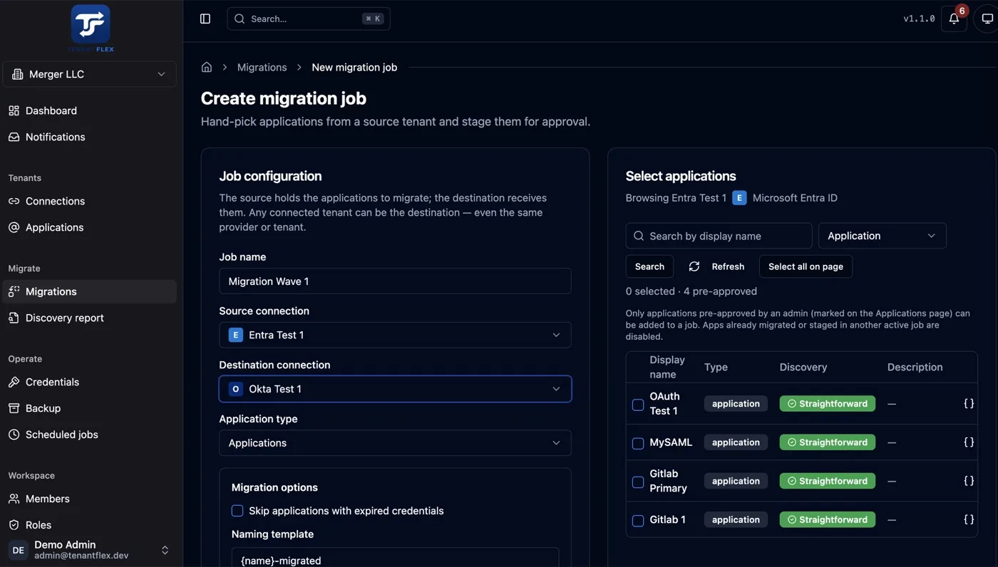 TenantFlex create migration job screen with job configuration and application selection