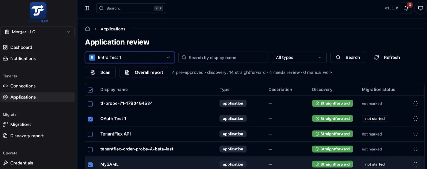TenantFlex application review screen listing applications with their discovery assessment and migration status